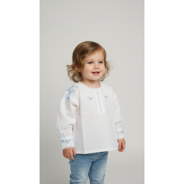 CAMISA ALGODÃO BORDADO AZUL CLARO PARA TRAJE DOMINGAR - MENINA