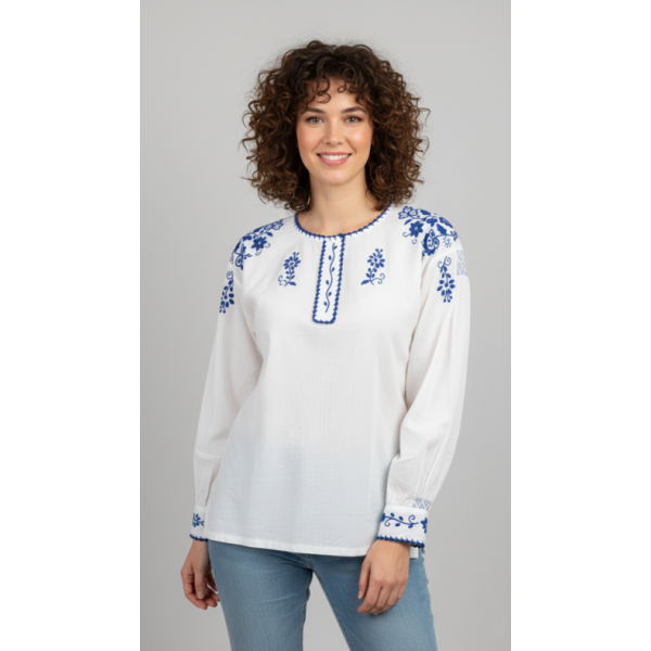 CAMISA VIANESA MEIO LINHO BORDADO AZUL